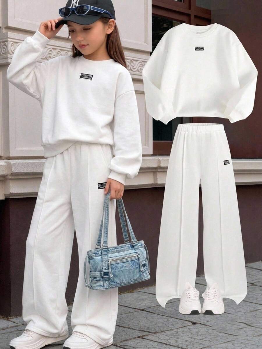 SHEIN 兒童青少年女孩極簡時尚百搭牛仔長袖圓領衛衣套裝,秋冬/四季穿著 - 白色 - 查看 1
