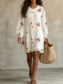SHEIN Autumn‑Winter 3D Floral Embroidered Loose‑Fit Dress, Crinkled Fabric, Daily Commuter, Boho‑Chic Style - Beige - View 5