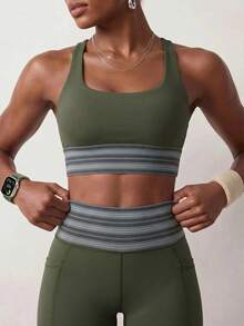Zivah Women's Striped Cross Back Crop Tank Shorts 2 Pieces Workout Set Gym Athletic Outfit All Season - Army Green - View 9