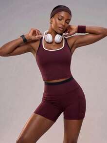 Zivah Women's Cropped Top And High Waist Shorts Set - Colorblock Casual Sports Outfit For Fitness Workout Year Round - Burgundy - View 8