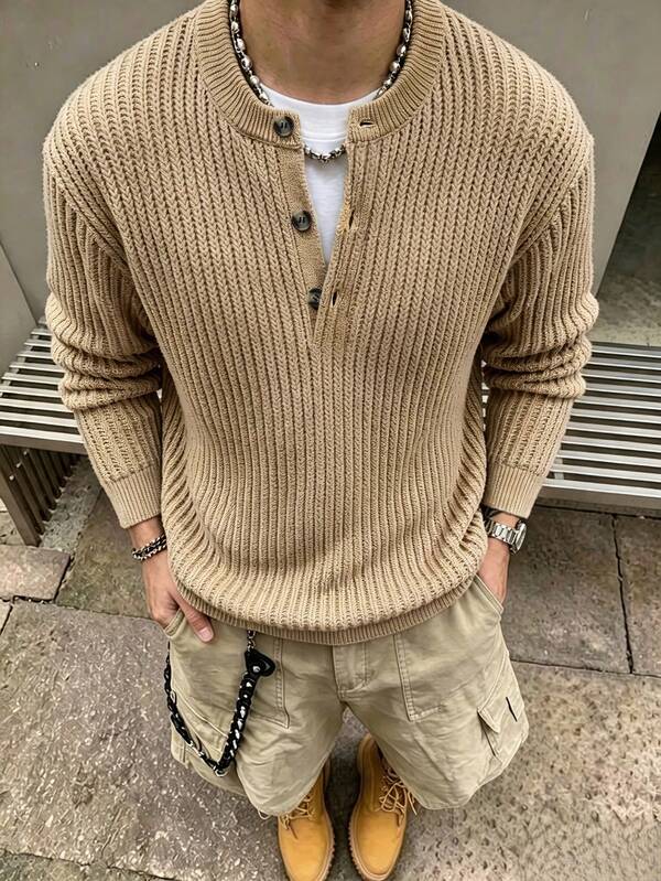 STEELVANCE Men's Solid Color Drop Shoulder Long Sleeve Button Half-Placket Casual Sweater