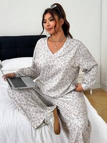 SHEIN EZwear 大尺碼時尚豹紋長袖運動衫與寬鬆長褲兩件套 秋季 - 灰色 - 查看 1