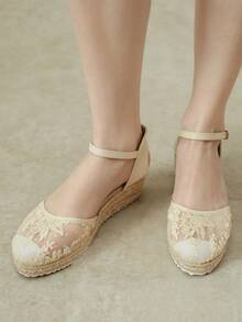 Styleloop Women's Hemp Rope Straw Weave Wedge Heel White Lace Mesh Women's Wedge Heel Shoes Sandals Hemp Rope Shoes Bohemian Style Vacation Beach Seaside - Apricot 2 - View 11