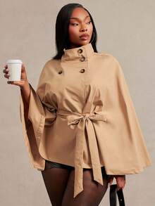 Radiana Plus Size Women's Autumn/Winter Versatile Black Tie-Waist Short Batwing Sleeve Cape Style Trench Coat Jacket Office Work Elegant Fall - Khaki - View 1