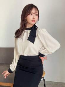 FRIFUL 女式长袖拼色系带上衣，秋装 - 杏色 - 查看 4