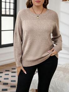 SHEIN LUNE 大码女式纯色圆领长袖休闲套头毛衣秋冬季 - 卡其色 - 查看 3