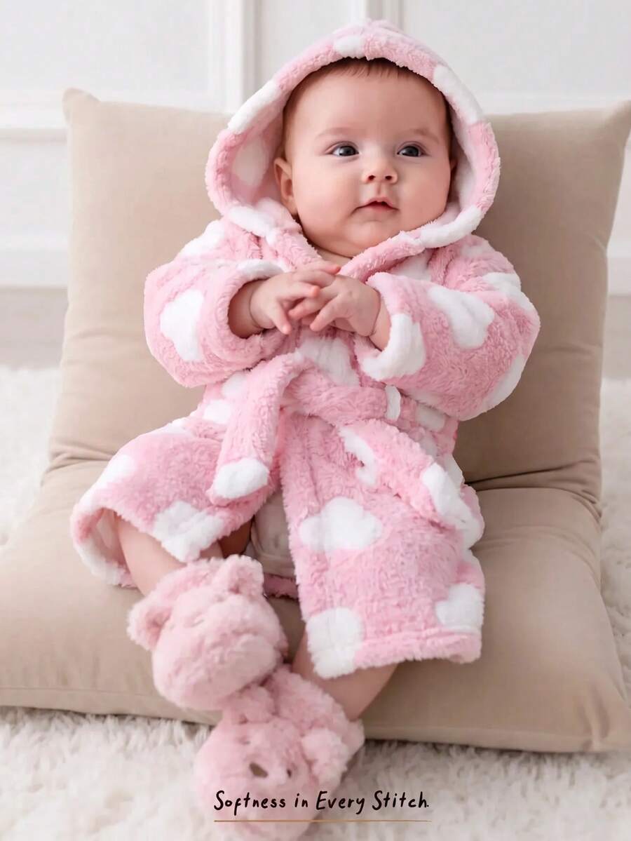 Cozy Pixies 新生兒男嬰女嬰卡通熊圖案保暖內裡加厚連帽長袖繫帶式睡袍 秋冬款 - 彩色 - 查看 1