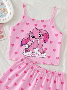 [Random 1 Set ] Young Girls Summer Pink Fairy 2 Pieces Set, Family Matching, Holiday Rabbit & Heart Print Camisole & Ruffle Trim Shorts - Multicolor - View 4