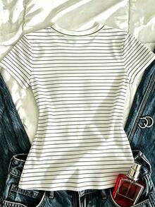 IslaSuriya Women's Casual Vacation Striped Lemon Embroidered Contrast Color Round Neck Short Sleeve T-Shirt - White - View 2