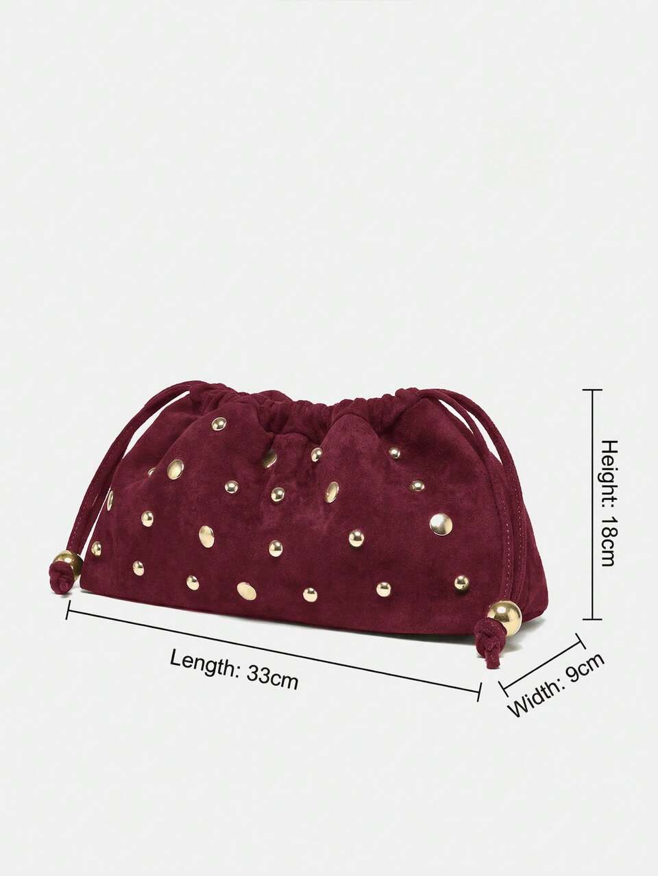 SHEIN Maija Ladies Fashionable Elegant Simple Personalized Gold Rivet Burgundy Suede Pumped Rope Clutch Bag, Daily Commuter Dating Party Afternoon Tea