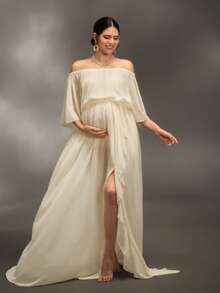 Cheriluna Maternity 女式露肩纯色高开衩荷叶边下摆孕妇摄影连衣裙 - 杏色 - 查看 7