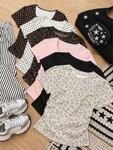 Tween Girls Simple Casual Waist Ruched 3 PiecesSet T-Shirt With Cartoon Pattern, Suitable For Summer - Multicolor - View 5
