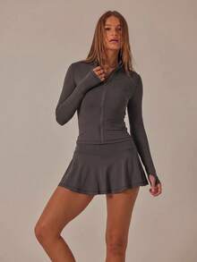 Aralina Leisurewear Zip Front Long Sleeve Top And High Waist Biker Shorts Two Pieces Set - Chocolate Brown - View 5