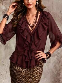 SHEIN Fiorisel Solid Ruffle Trim V-Neck Tie Front Sheer Chiffon Blouse With Flare Sleeves - Burgundy - View 6
