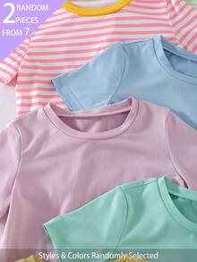 [2pcs Dikirim Secara Acak] Kaos Kasual Katun Lembut Warna Polos/Garis untuk Anak Perempuan, Cocok untuk Musim Panas, Kembali ke Sekolah, Musim Semi, Musim Gugur, Musim Dingin, Warna Polos + Desain Garis dengan Kerah Kontras, Gaya Amerika, 2pcs Dikirim Secara Acak - MultiWarna - View 3