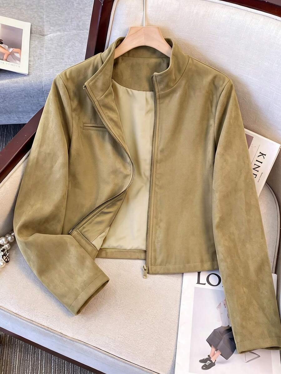 Franclia 2026 Autumn Fashion New Minimalist Street Commute Vintage Faux Suede Long Sleeve Jacket Coat For Women - Khaki - View 1