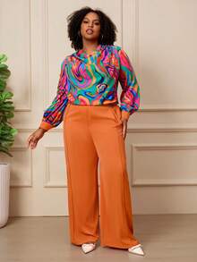 BrightlyHer Plus Size Women's Floral Print Long Sleeve Top Elastic Waist Pants Two Pieces Set Brunch 1920 Vintage Autumn Rainbow Burnt Orange - Multicolor - View 3