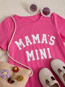 SHEIN Gaun Kasual Rajut Warna Polos Motif Huruf Leher Bulat untuk Anak Perempuan - Hot Pink - View 8
