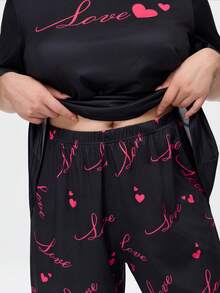 Bonmuse Cute Ins Contrast Color Valentine's Day Love Print Loose Comfortable Black Plus Size Pajama Set Curvy Pajama Sets Plus Size Sleepwear Set - Black - View 9