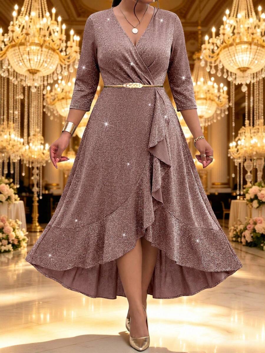 Fleurora Plus Size Elegant Party Evening Evening Dinner Glitter Ruffle Dress Wedding Gold Autumn Wedding - Coral Pink - View 1