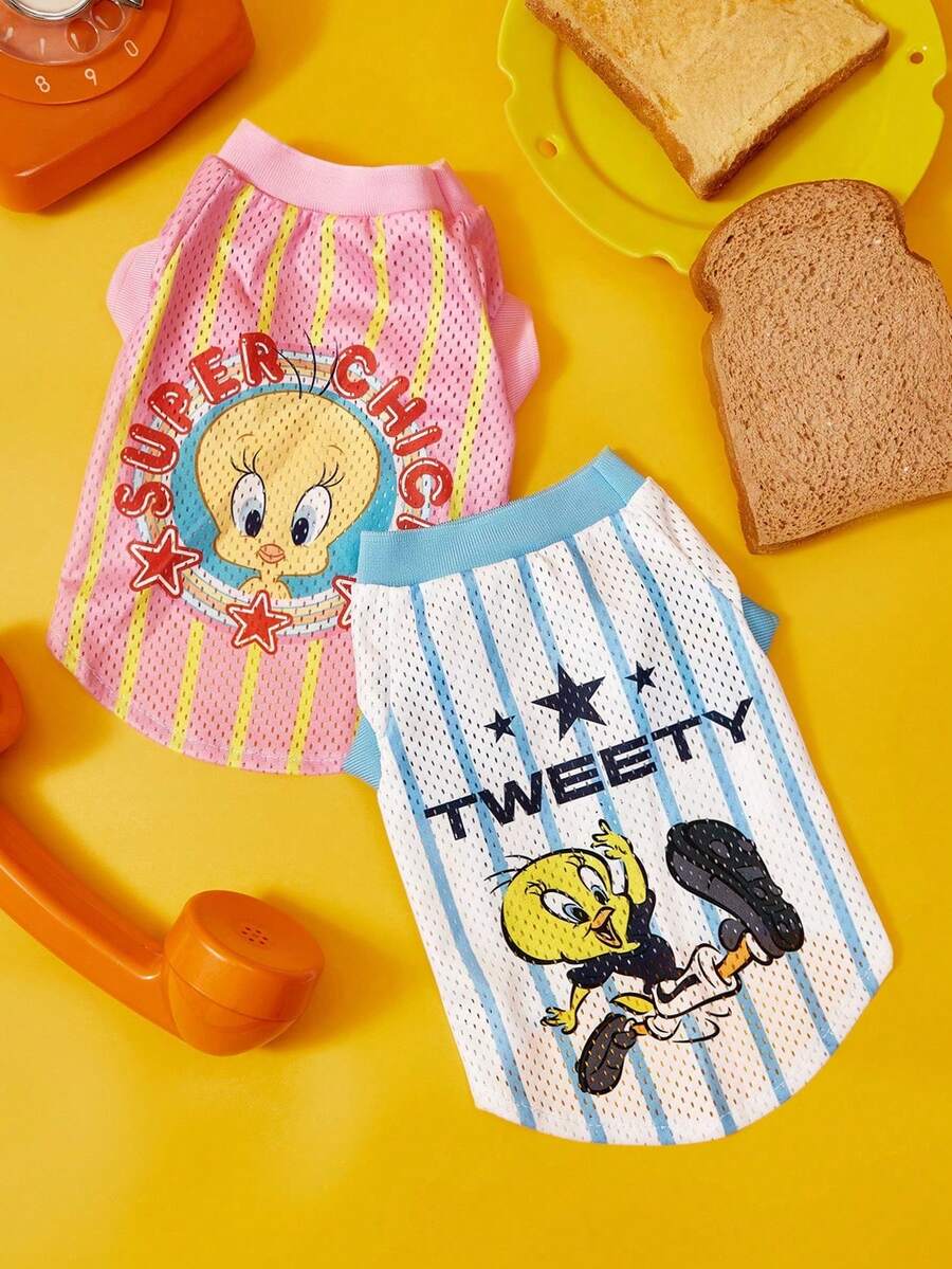 LOONEY TUNES X PETSIN 1 Piece Cute Little Bird Black Letter Pet Vest Blue Or White Red Five Pointed Star Letter Printed Pet Vest Pink Yellow Stripe Breathable Elastic Screw Mouth Soft Anti Hair Pet Clothing - Multicolor - View 1
