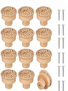 12 Pieces Natural Rattan Round Cabinet Knobs Wooden Drawer Pulls Handles Brown Finish For Kitchen Living Room Bedroom Wardrobe Furniture Decor - multicolor - View 12
