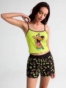 SCOOBY-DOO X SHEIN 女款卡通印花細肩帶上衣與短褲休閒居家睡衣套裝 - 綠色 - 查看 5