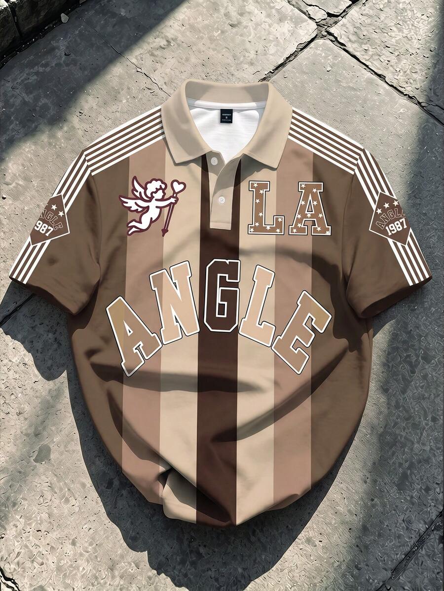 Manfinity EMRG 街頭風拼色條紋字母設計男士休閒翻領短袖 Polo 衫,美式學院風拼接條紋字母印花男士短袖上衣 - 彩色 - 查看 1