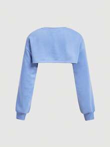 SHEIN MOD Crop top lengan panjang biru bergaya dengan leher bulat dan motif grafis untuk tampilan kasual, hoodie lengan pendek biru muda. - Biru - View 4