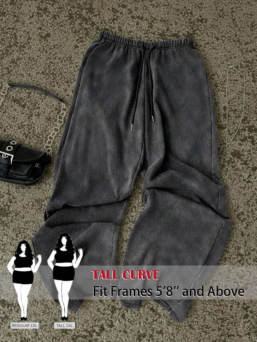 SHEIN Tall CURVE 大尺碼女款純色抽繩腰寬腿休閒運動長褲 - 深灰色 - 查看 1