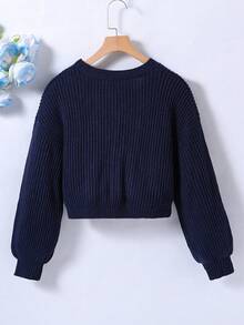 SHEIN Girls' Open Front Cardigan Sweater 2025 European & American Autumn/Winter New Style, Solid Color V-Neck Lantern Sleeve Button Knit Loose Short Cardigan Jacket, Vintage Slouchy, Vacation Outfit - Navy Blue - View 2