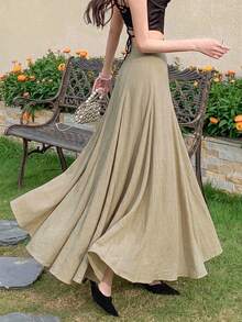 DAZY Women's Solid Color Loose A-Line Skirt, Elegant Resort Wear, Spring/Autumn - Apricot - View 10