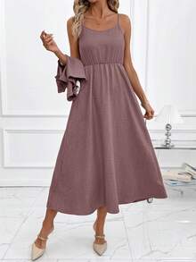 SHEIN Clasi Women's New Elegant Denim Effect Shirt & Camisole Dress 2-Piece Set, Suitable For Commuting And Multiple Occasions - Dusty Purple - View 5