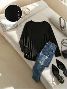SHEIN Clasi Plus Size Solid Color Button Detail Curved Hem T-Shirt Fall - Black - View 7