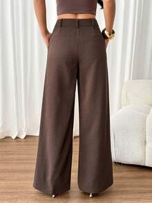 SHEIN PETITE Women's Elegant Button Pocket Pleated Loose Business Suit Pants - Rust Brown - View 2