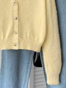 SHEIN Teen Girl Solid Color Drop Shoulder Long Sleeve Casual Knit Cardigan - Yellow - View 5