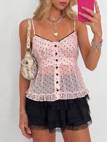 Sundraya Conjunto Feminino 2 Peças Regata Aberta com Poá Rosa & Saia Preta - Multicolorido - Visão 3