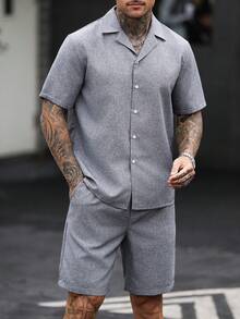 Manfinity CasualCool 男士成熟休閒深灰色編織短袖襯衫與短褲套裝 - 深灰色 - 查看 5