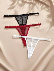 Charlaine 法式性感愛心網紗 3 件套 細肩帶 T-Back 丁字褲 G-String - 彩色 - 查看 5