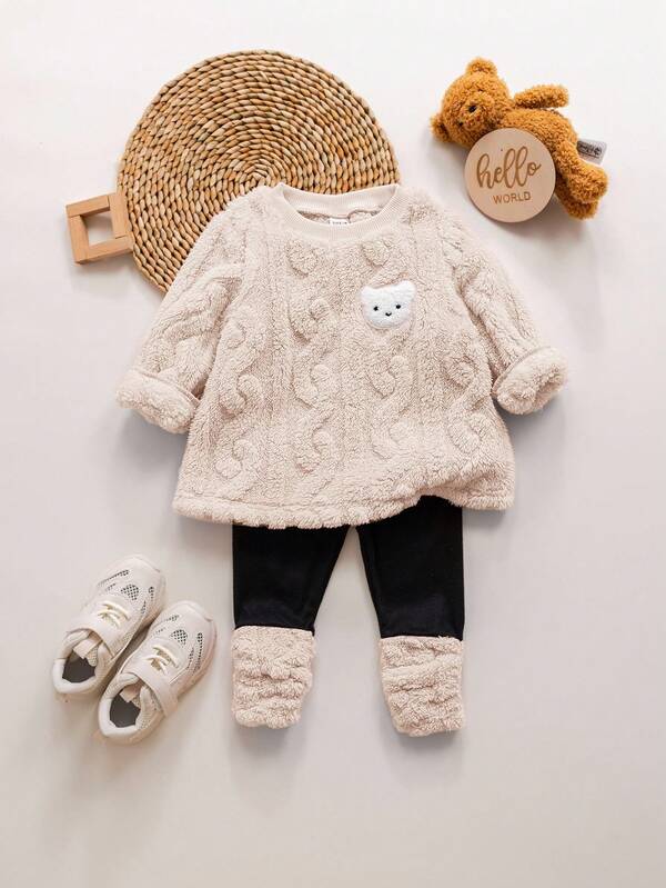 SHEIN Baby Girl Autumn/Winter Cute Fluffy Cartoon Pattern Thermal Lined Thick Sweatshirt Set