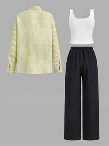 SHEIN LUNE 女款白色與黃色、白色與黑色襯衫、長褲與背心三件套；休閒秋冬/專業夏季早午餐 - 黃色 - 查看 17