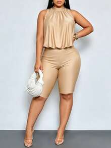 SOLERSUN Plus-Size Women's Elegant Sexy Backless Knee Length Romper, Perfect For Commuting Party Vacation, Casual, And Beach Vacation Beige Summer - Khaki - View 7