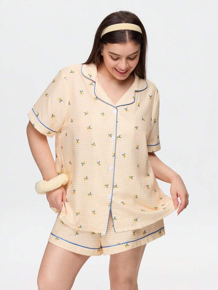 Bonmuse Plus Size Lemon Plaid Print Lapel Button-Front Short Sleeve Shorts Pajama Set - Yellow - View 7