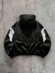 AXEPEAK 男士拼接撞色刺繡長袖街頭風連帽衛衣 - 黑與白 - 查看 2
