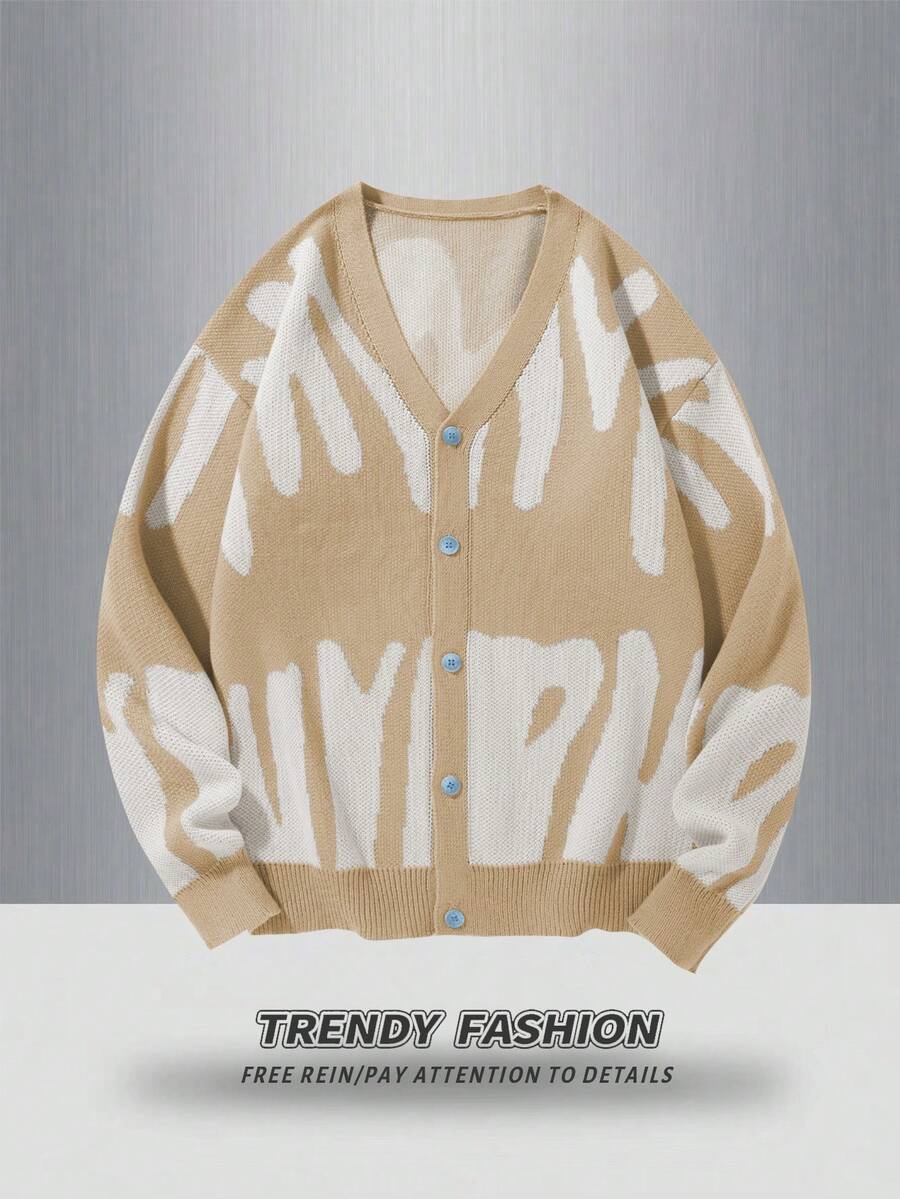 Manfinity Hypemode Men's V-Neck Letter Pattern Casual Daily Wear Cardigan - Camel - View 1
