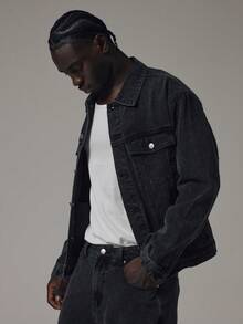 Musero Oversized Denim Jacket Double Pocket Front Detail Spring Summer Essentials - Black - View 5