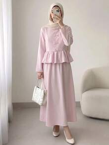 Solavon Women's Bow Decor Ruffle Hem Top And Long Skirt Arabic Costume Set - Baby Pink - View 4