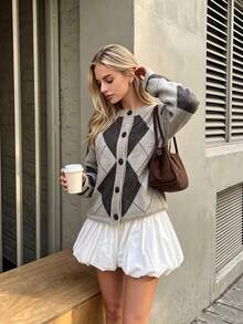 SHEIN Women's Autumn/Winter New Fashion Vintage Contrast Color Argyle Pattern Knitted Button Cardigan - Khaki - View 4