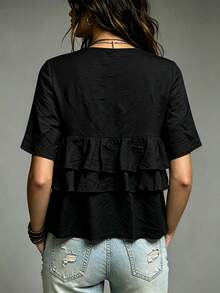 SHEIN Fiorisel 女款休閒度假風多層荷葉邊下擺襯衫 - 黑色 - 查看 2