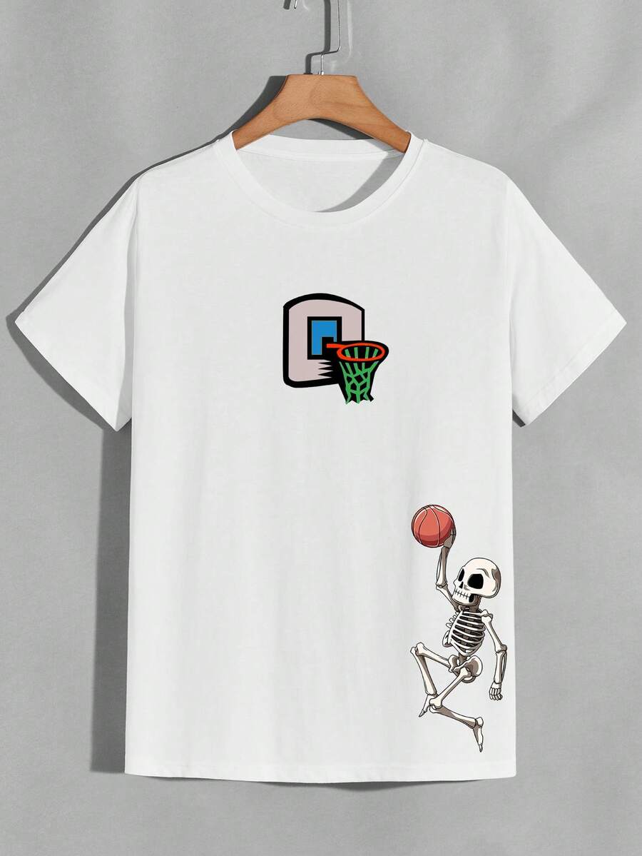 Manfinity Dauomo Hombres Camiseta esqueleto con con estampado de baloncesto - Blanco - Ver 1